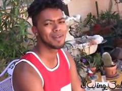 Young ebony guy shows off his balls and jerks off solo