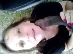 White nerd girl takes big black monster outdoors